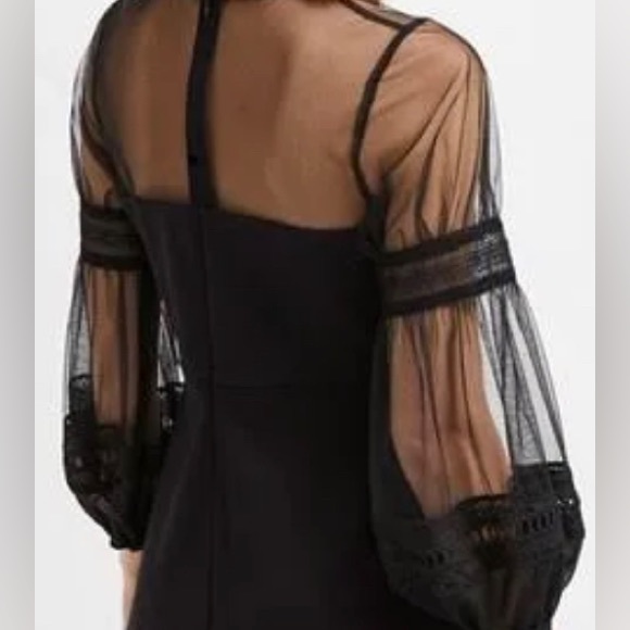 French Connection Mesh Lace Bubble Sleeve Short Shift Black Dress - Picture 3 of 5